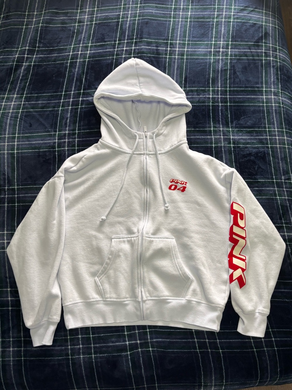 Victoria's Secret PINK baby blue zip up hoodie w/red and white graphics.Size XS.